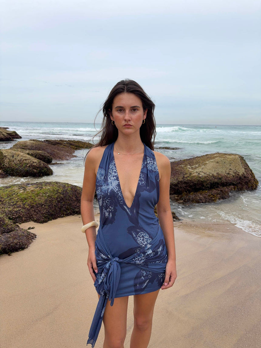 Pau halterneck dress with flowers - Navy