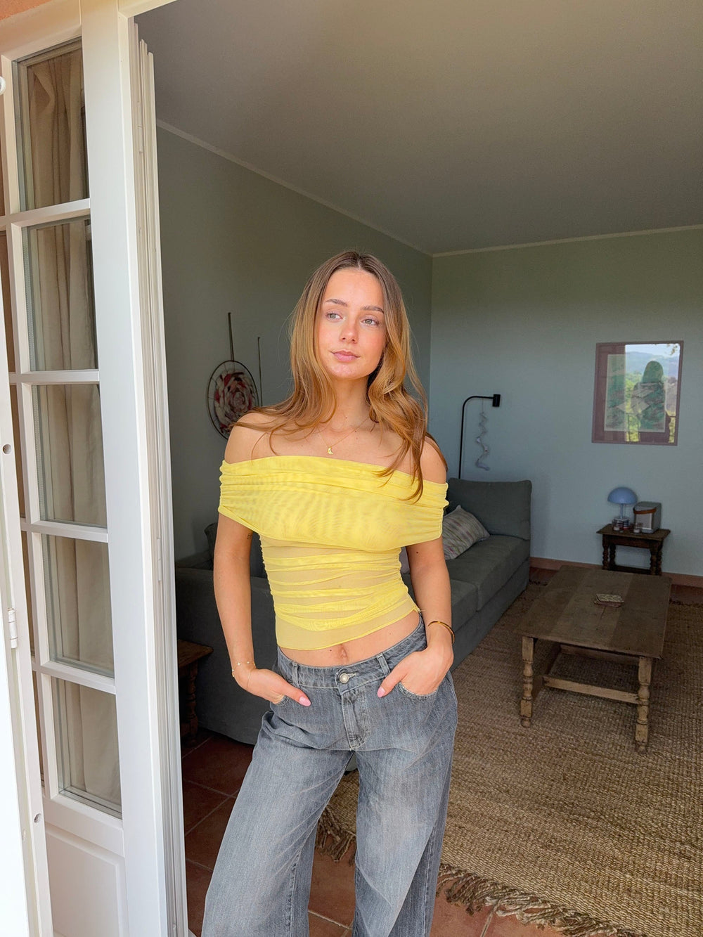 Victoire off shoulder top in mesh - Yellow