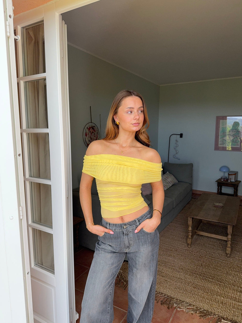 Victoire off shoulder top in mesh - Yellow