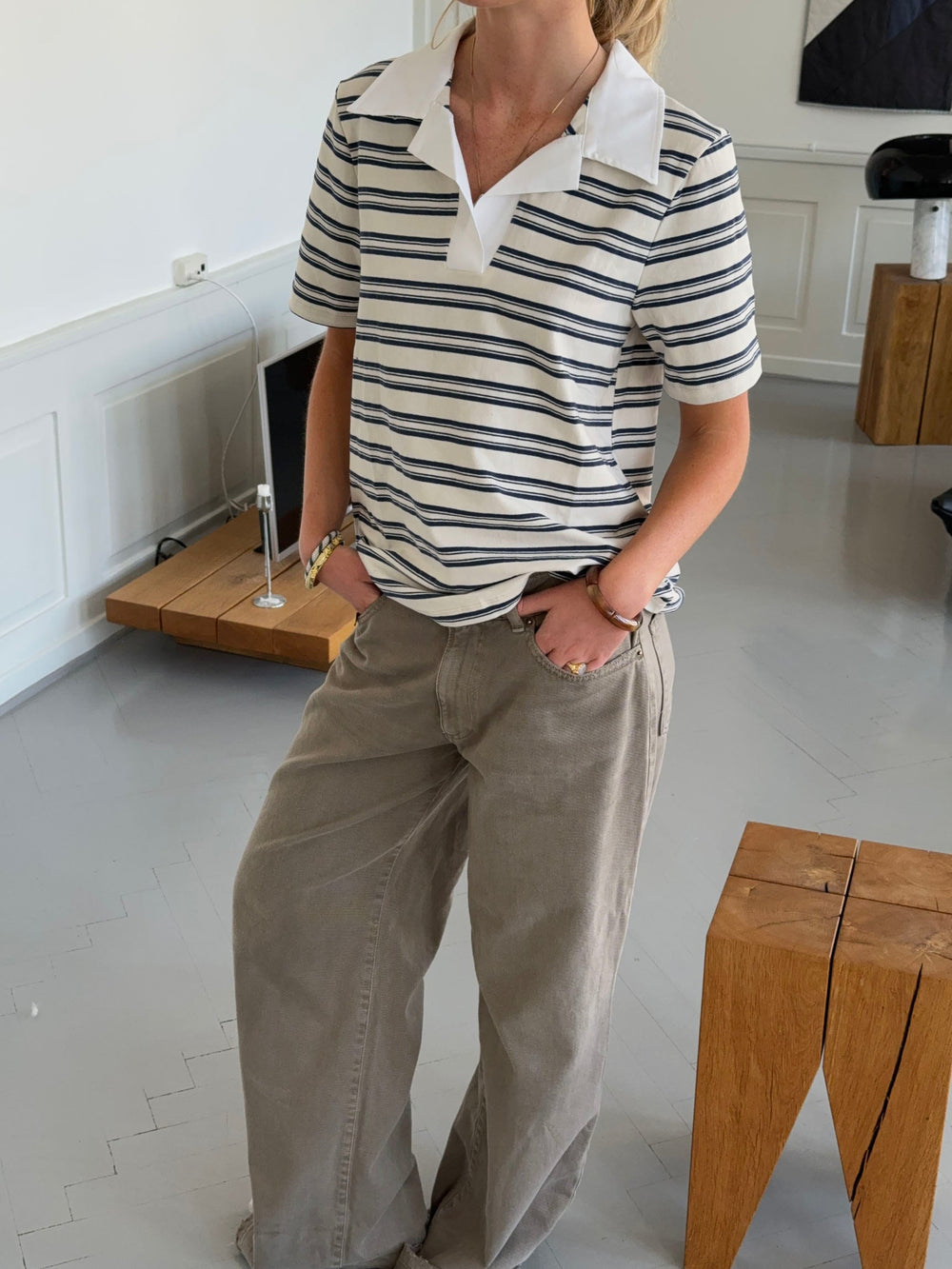 Line striped polo - White/beige/navy