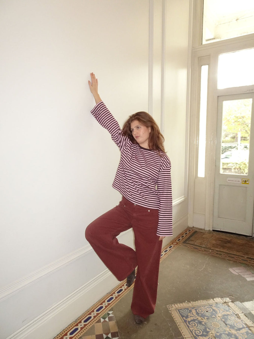 "Main character energy" blouse with stripes - Pink/brown/yellow