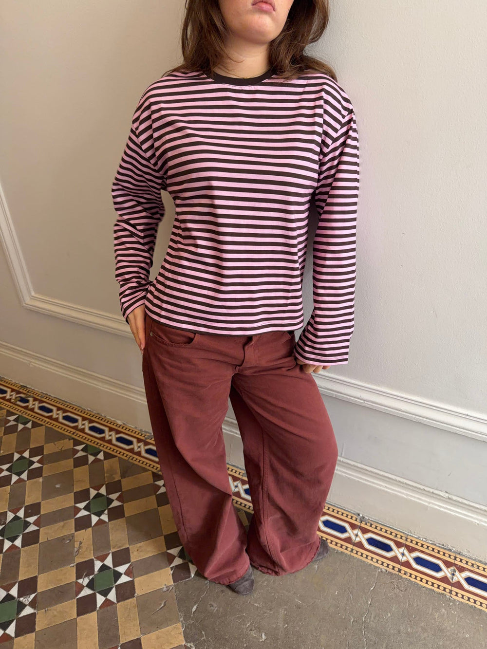 "Main character energy" blouse with stripes - Pink/brown/yellow