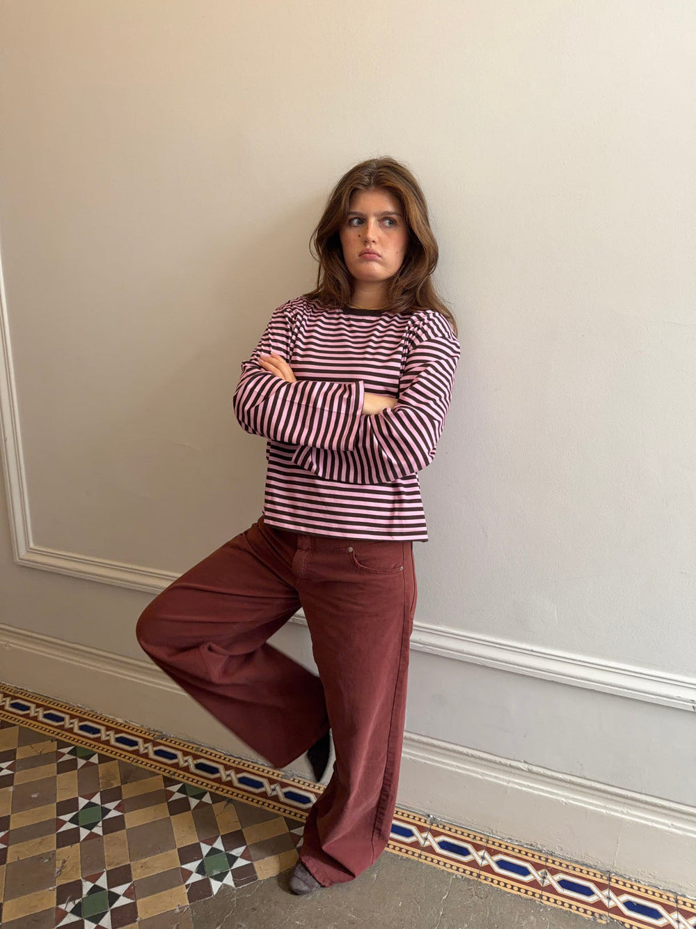 "Main character energy" blouse with stripes - Pink/brown/yellow