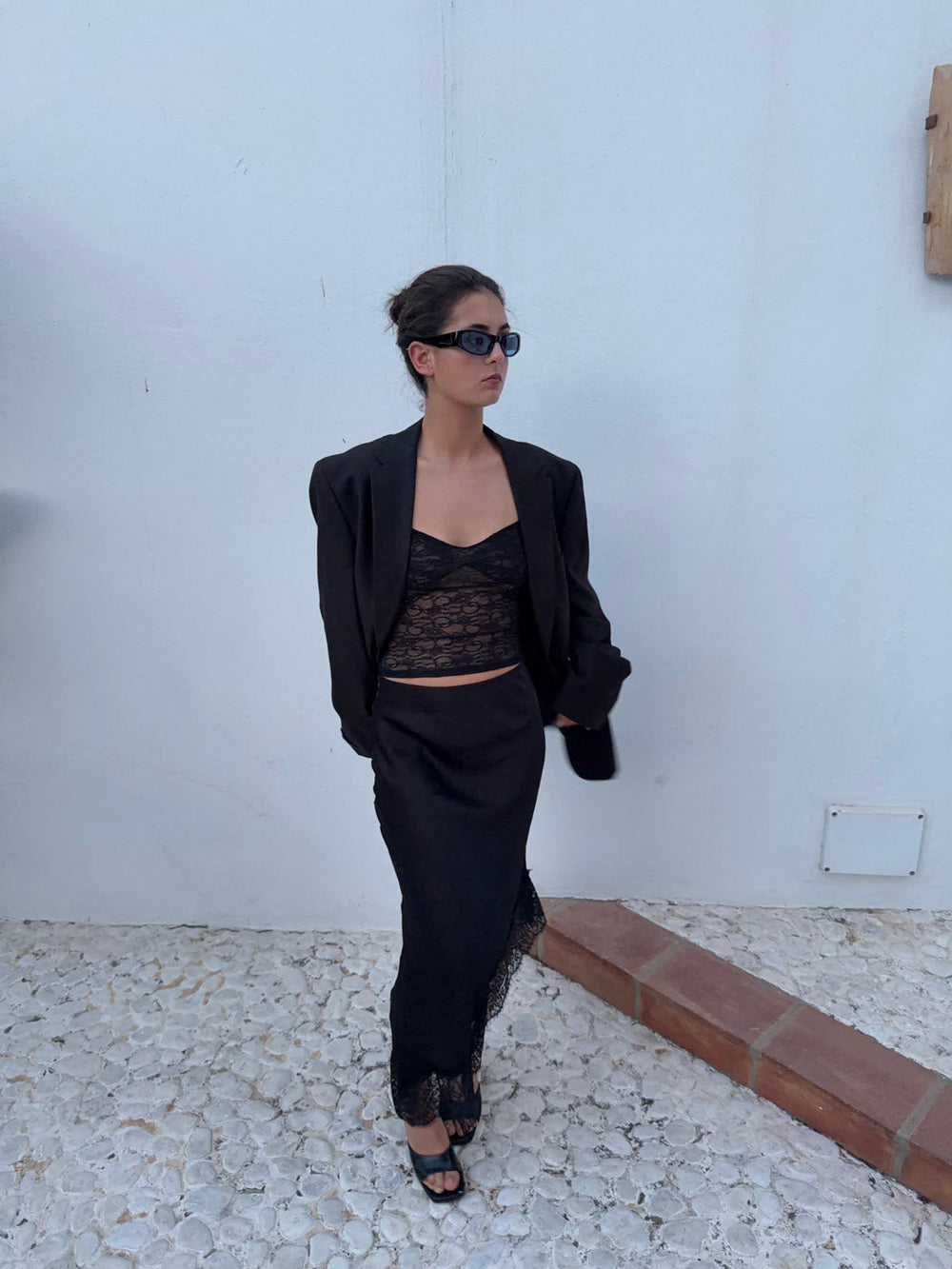 Fima satin skirt with lace - Black