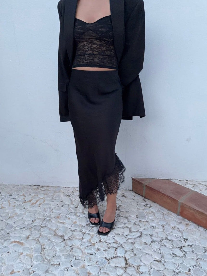 Fima satin skirt with lace - Black