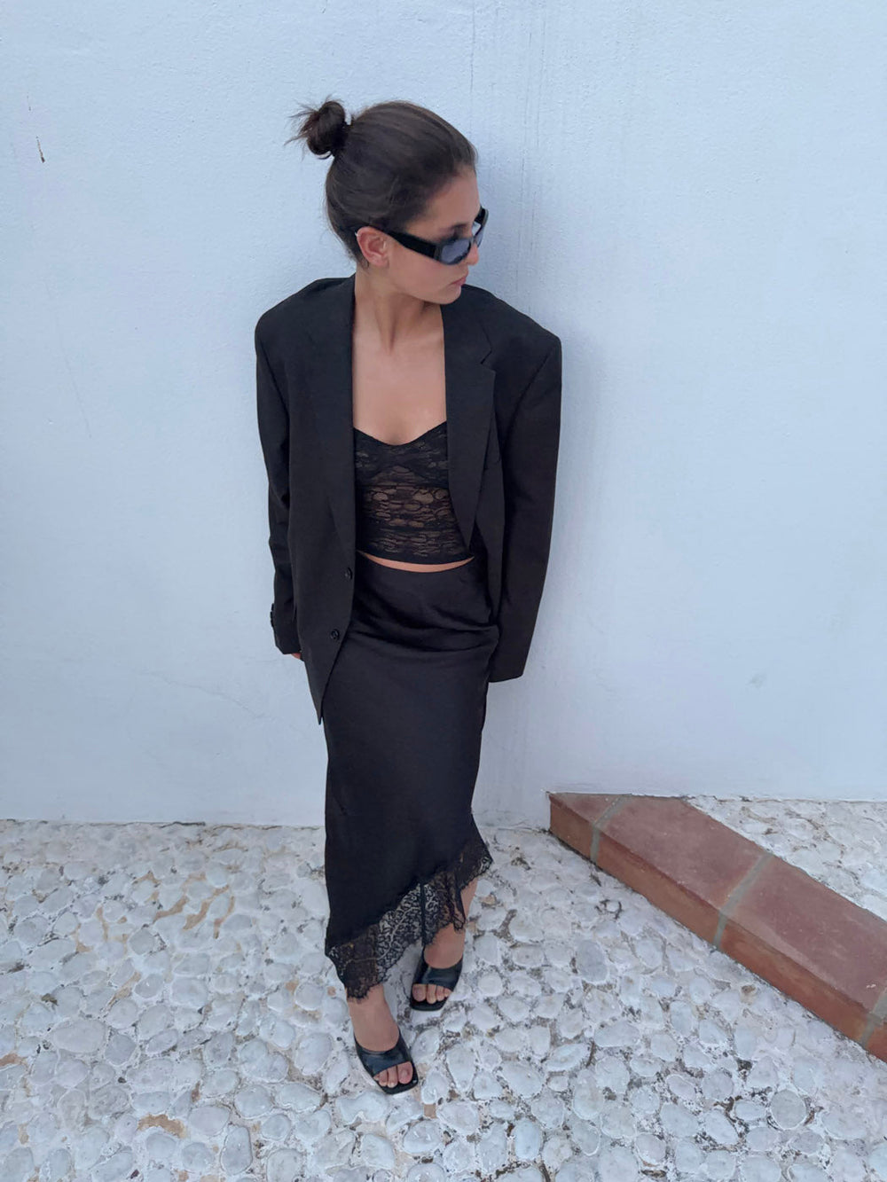 Fima satin skirt with lace - Black