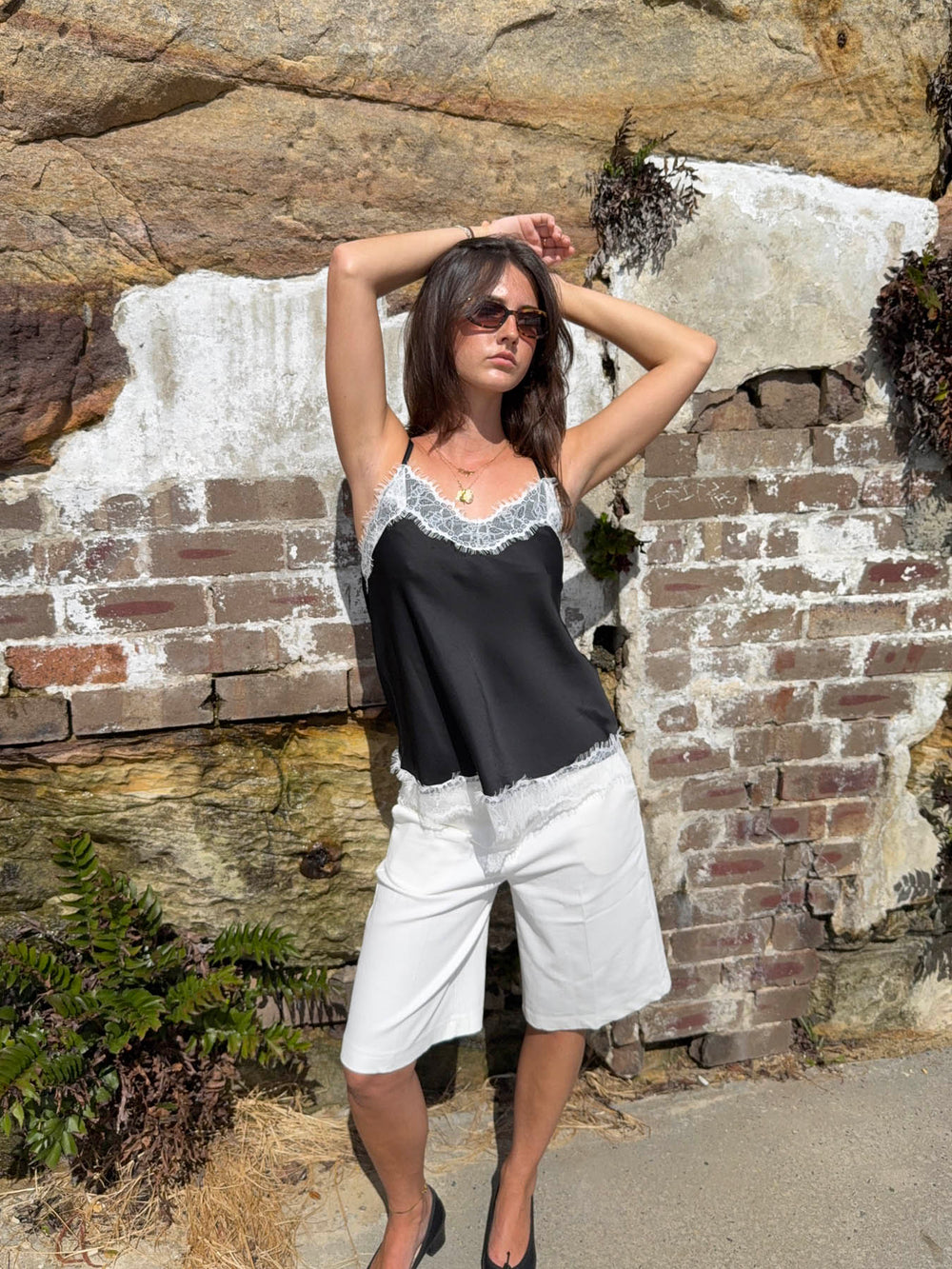 Daniana satin top with lace - Black