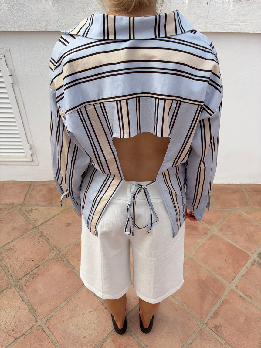 Miki striped shirt with open back - Light blue/beige