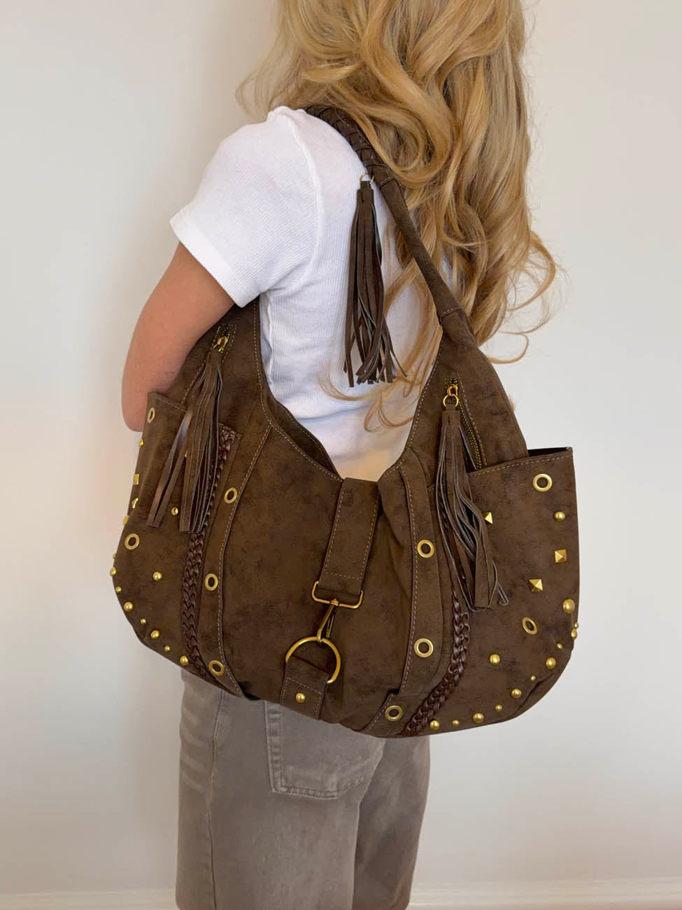 Valentina shoulder bag with nits - Beige/Brown