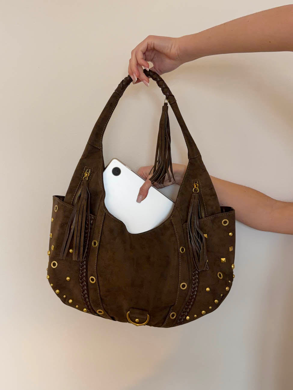 Valentina shoulder bag with nits - Beige/Brown