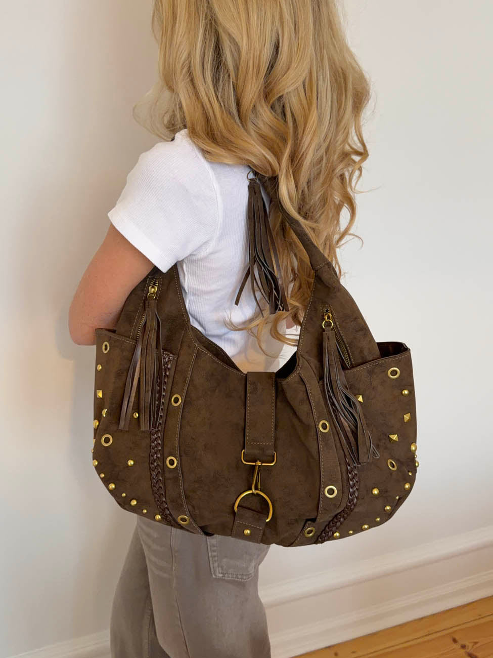 Valentina shoulder bag with nits - Beige/Brown