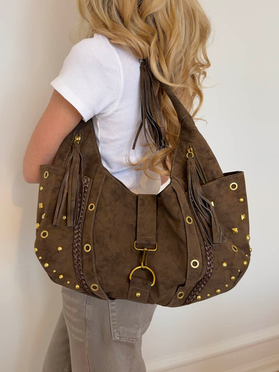 Valentina shoulder bag with nits - Beige/Brown