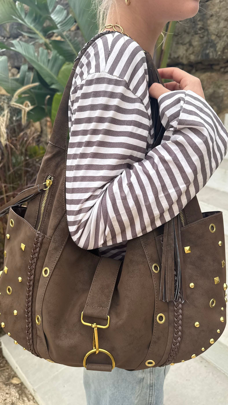 Valentina shoulder bag with nits - Beige/Brown