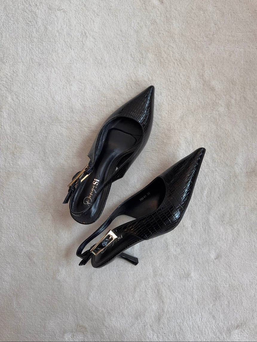 Karline slingback mules with crocodile print – Black