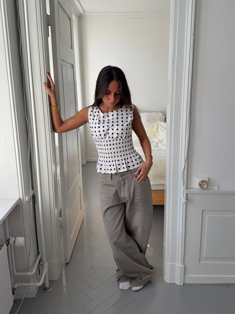 Cathrine smock polka dotted top - White/black