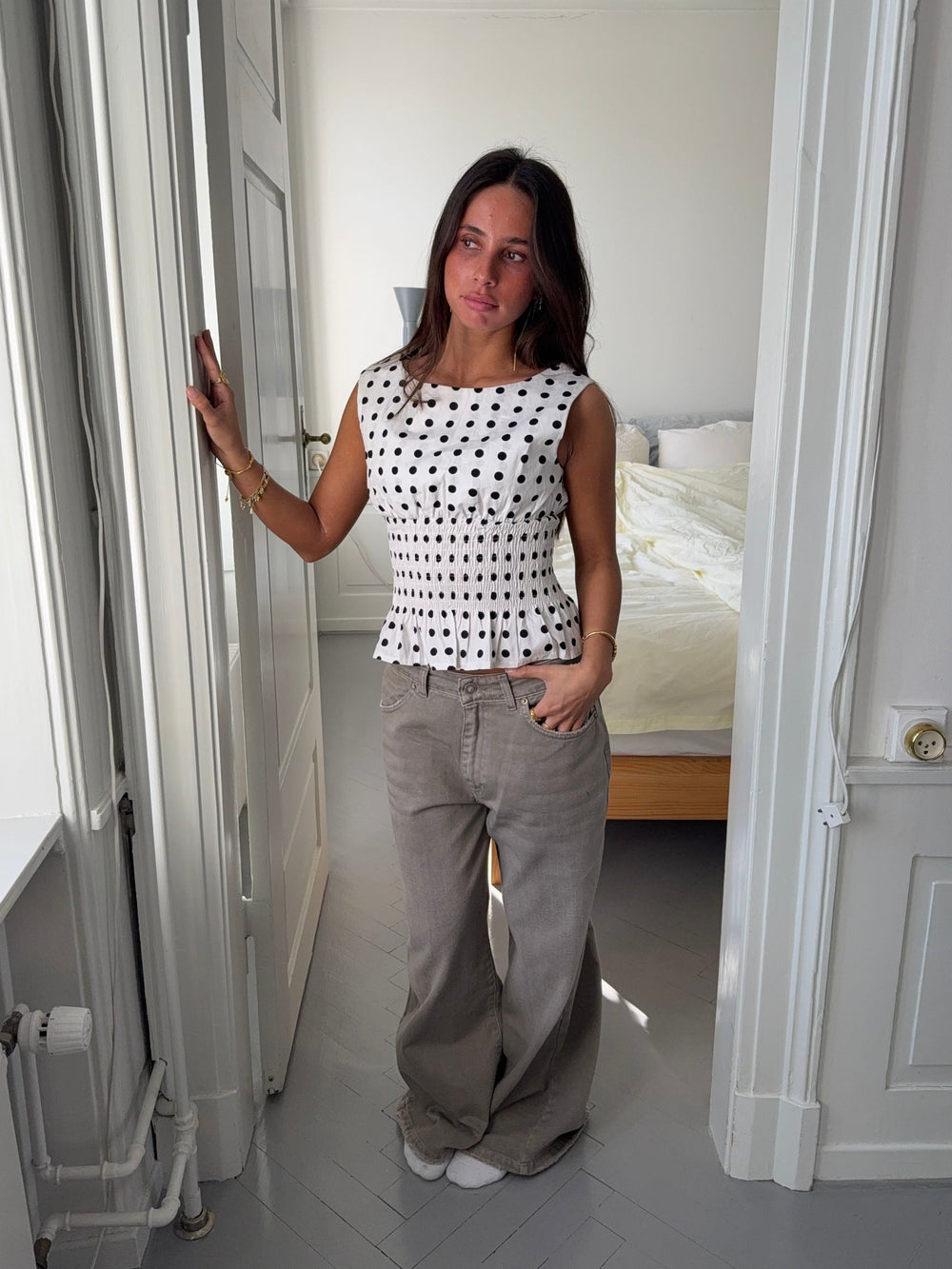 Cathrine smock polka dotted top - White/black