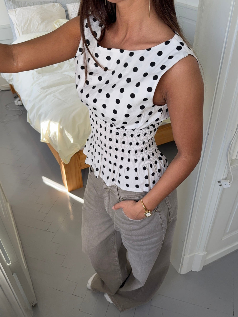 Cathrine smock polka dotted top - White/black