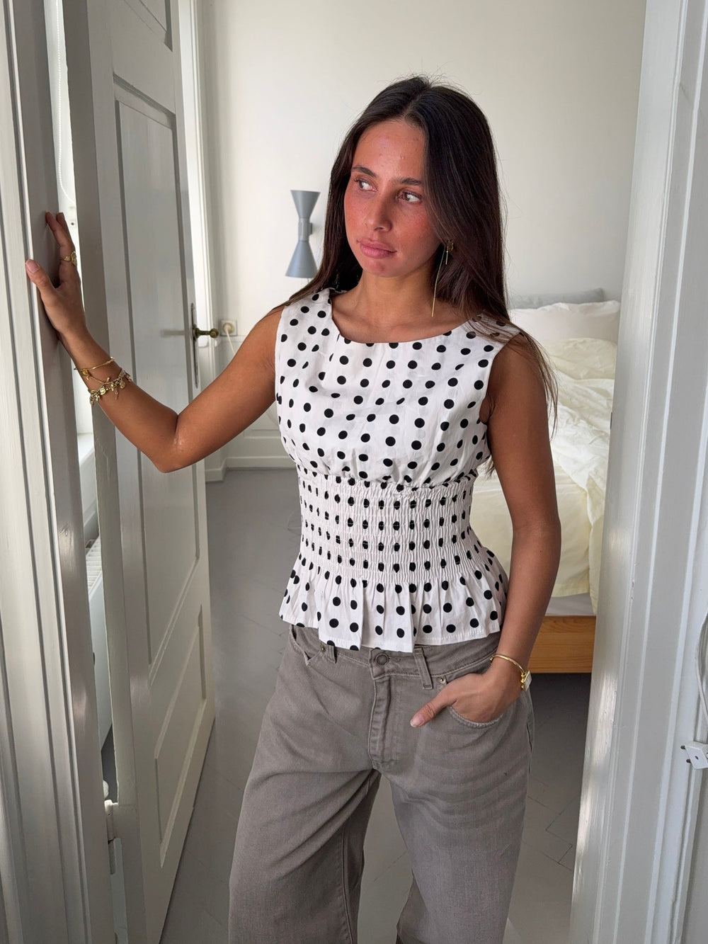 Cathrine smock polka dotted top - White/black