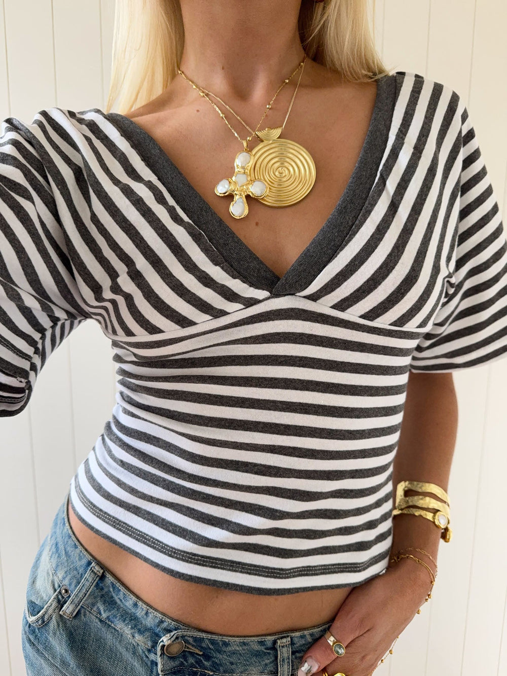 Scandivv blouse with stripes - Grey/white