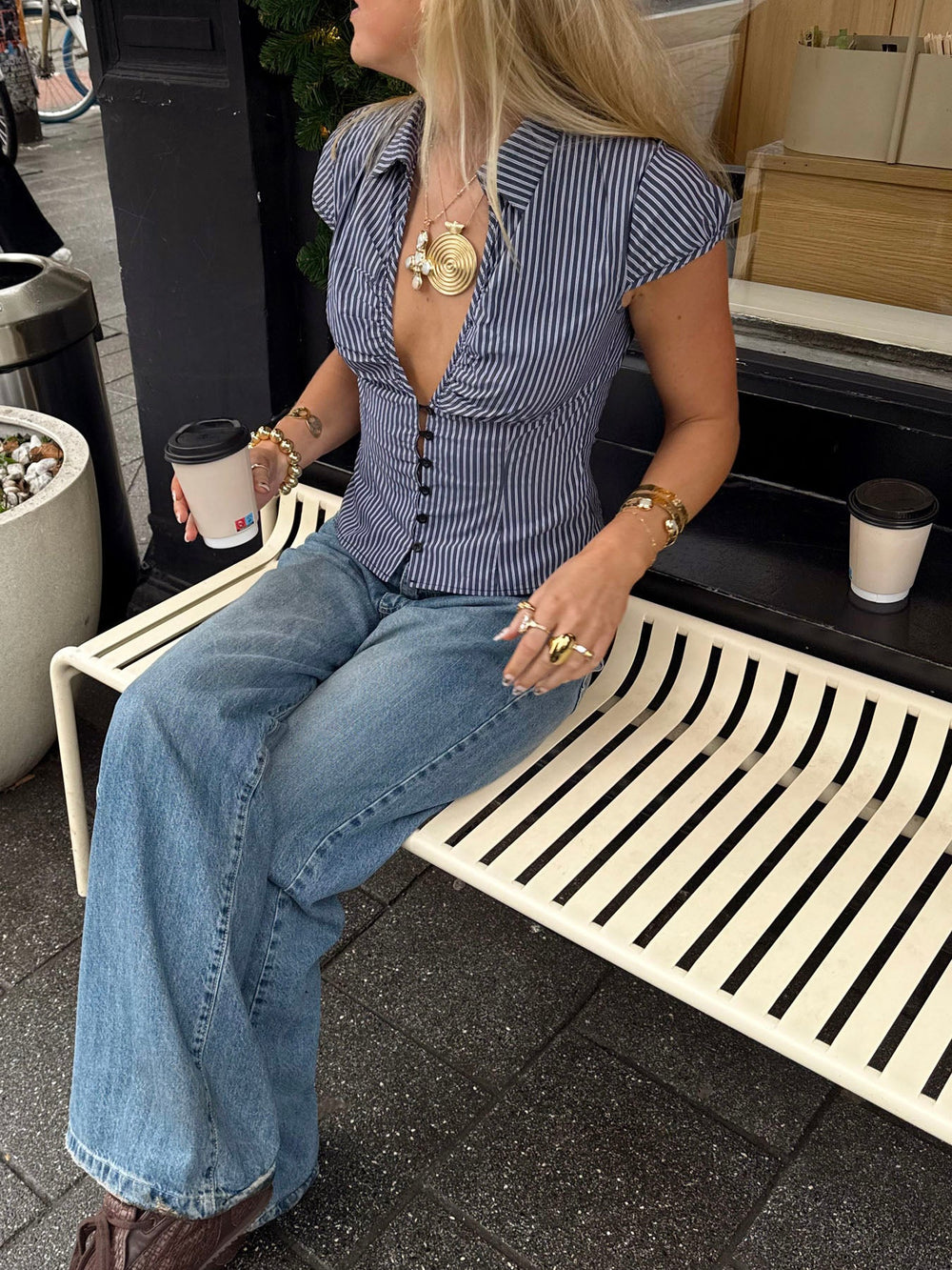 Scandivv striped shirt with cut out - Grey/white