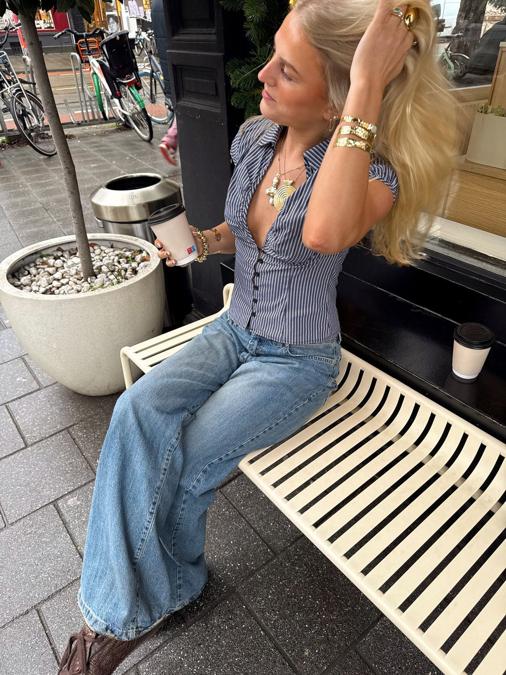 Scandivv striped shirt with cut out - Grey/white