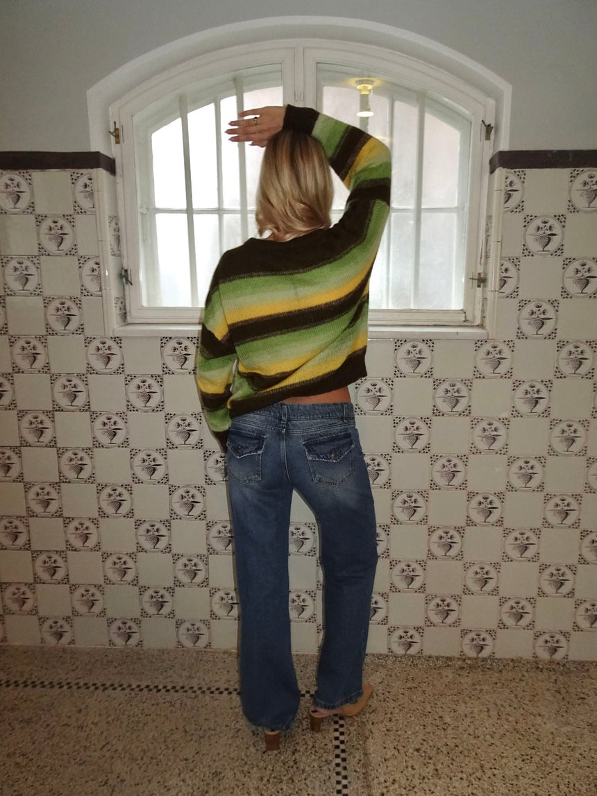 Raina knit with stripes - Brown/green/yellow