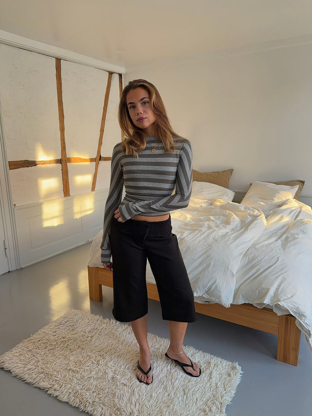 Regitze blouse with stripes – Grey/khaki