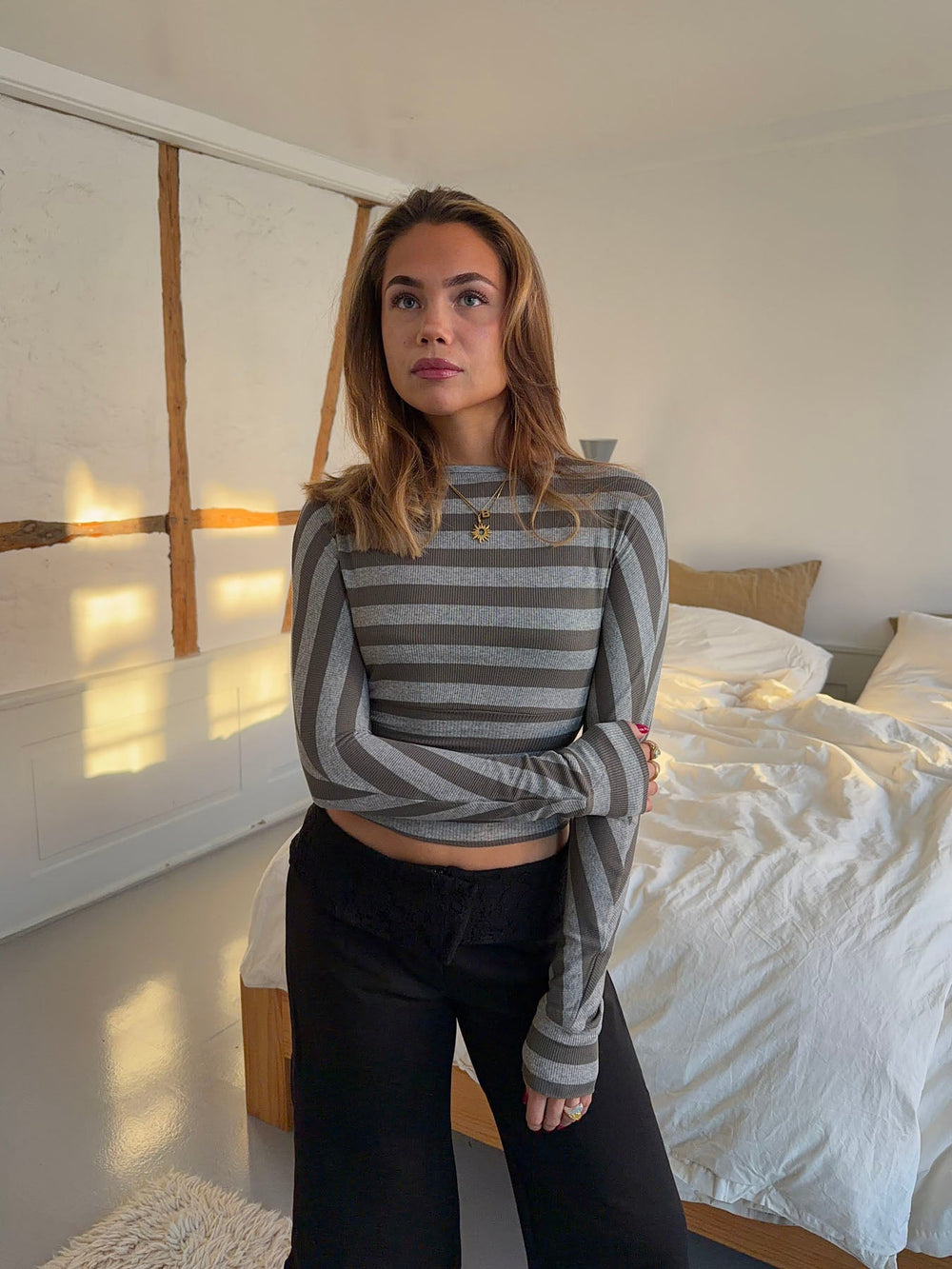 Regitze blouse with stripes – Grey/khaki