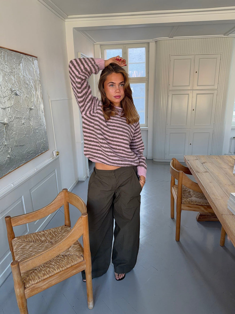 Zeya knit with stripes - Baby pink/taupe