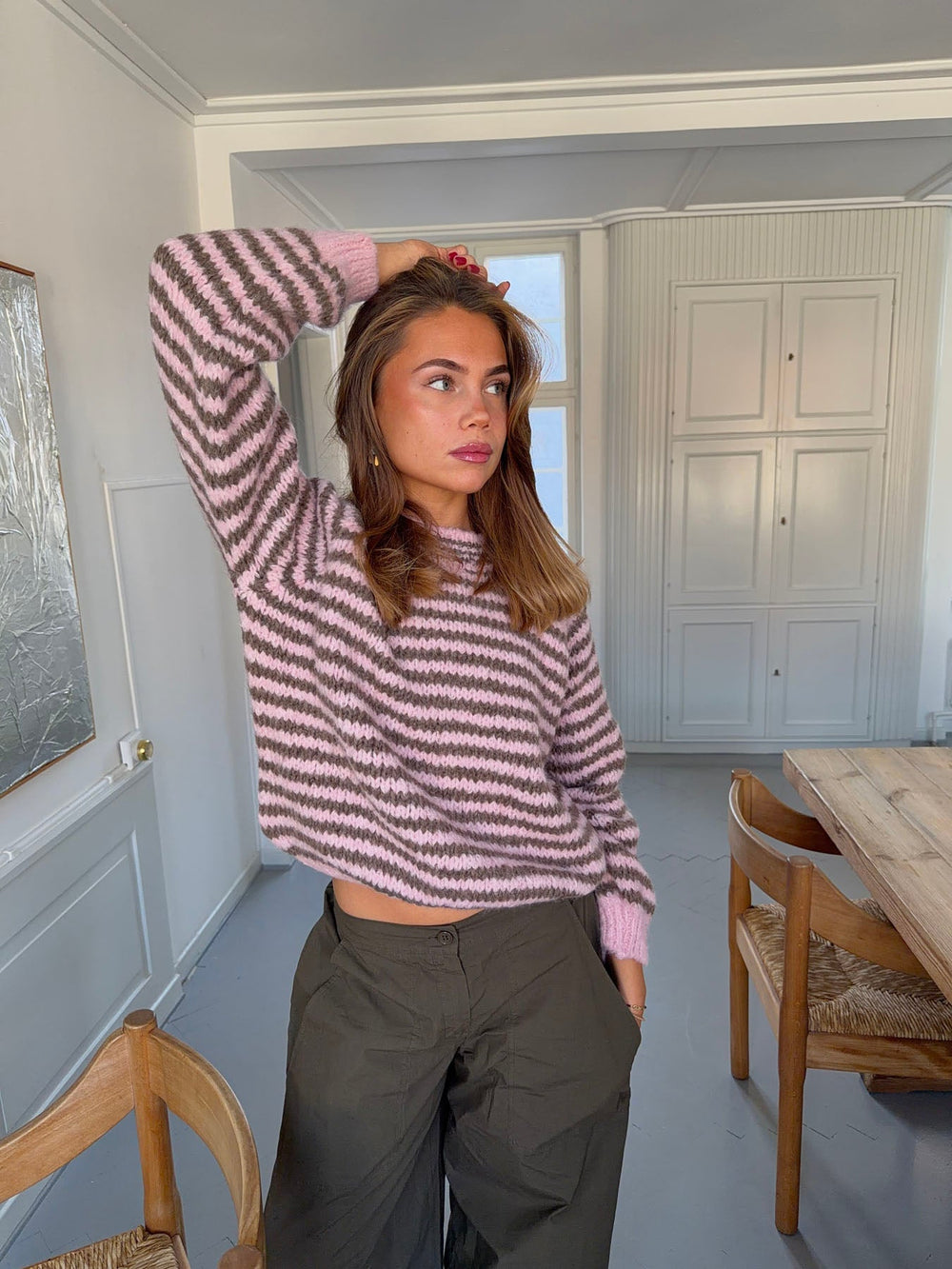 Zeya knit with stripes - Baby pink/taupe