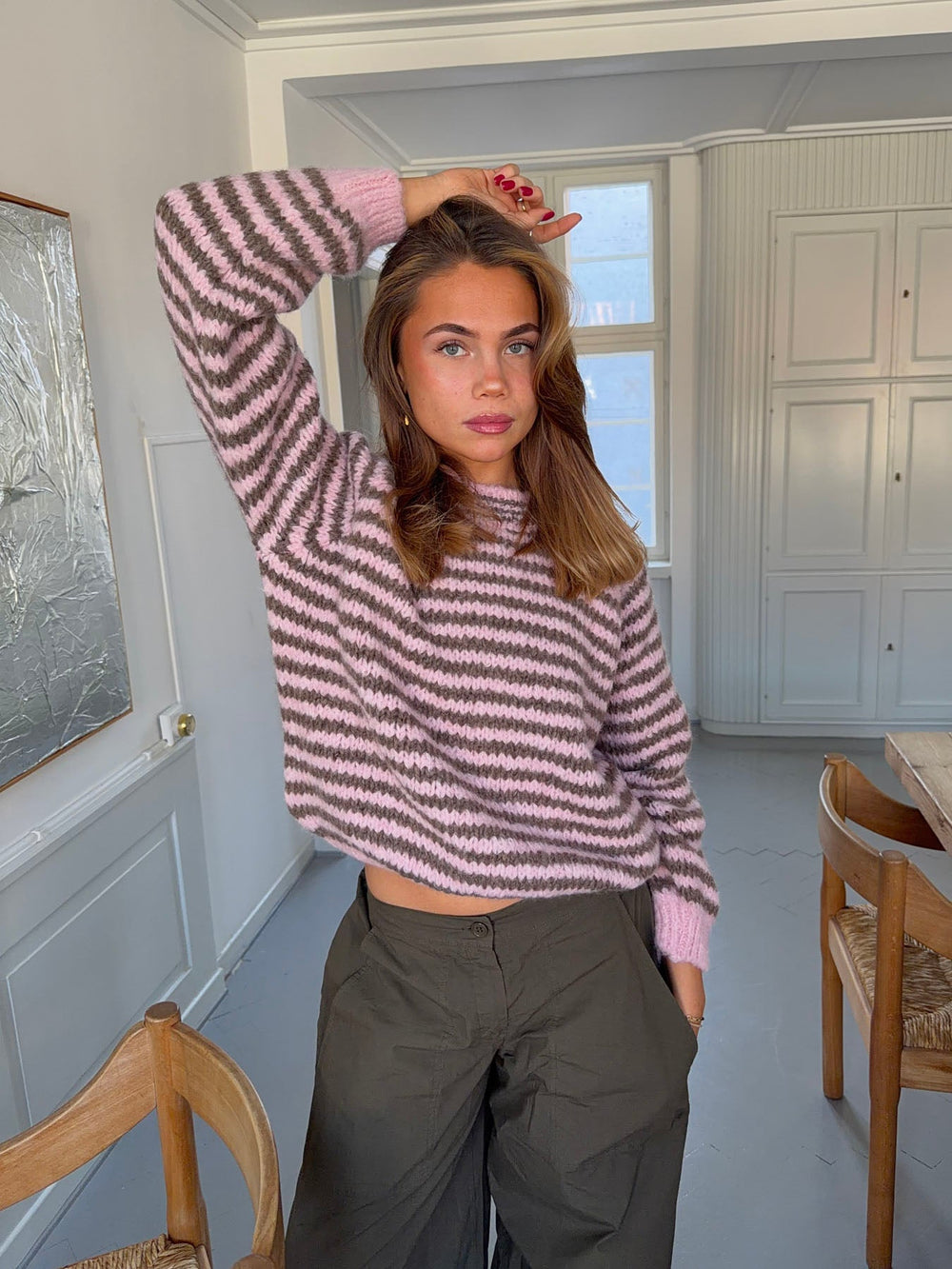 Zeya knit with stripes - Baby pink/taupe