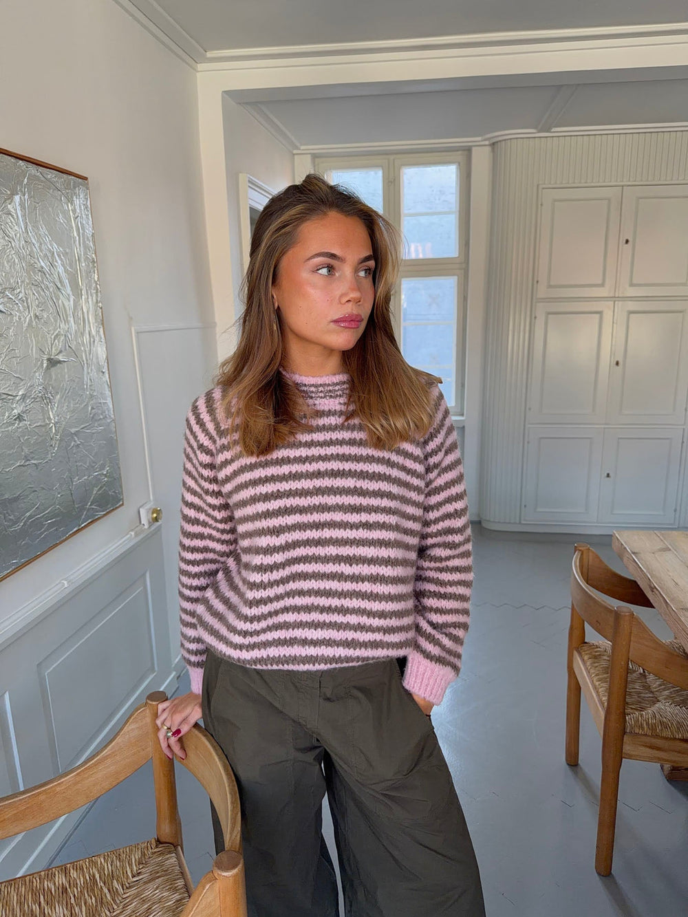 Zeya knit with stripes - Baby pink/taupe