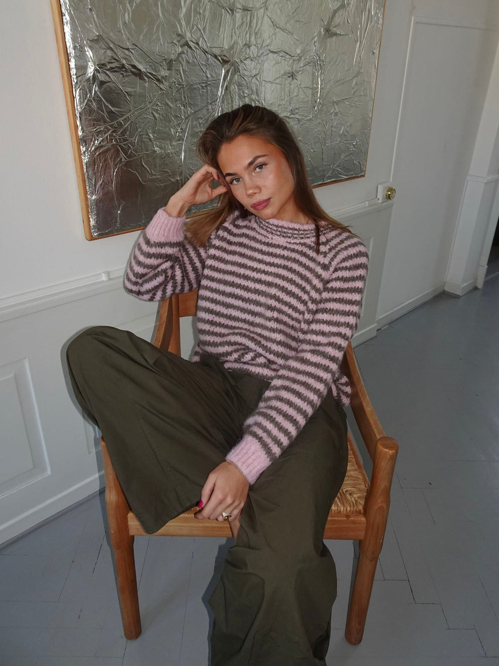 Zeya knit with stripes - Baby pink/taupe