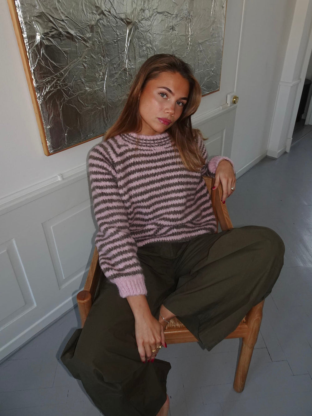 Zeya knit with stripes - Baby pink/taupe