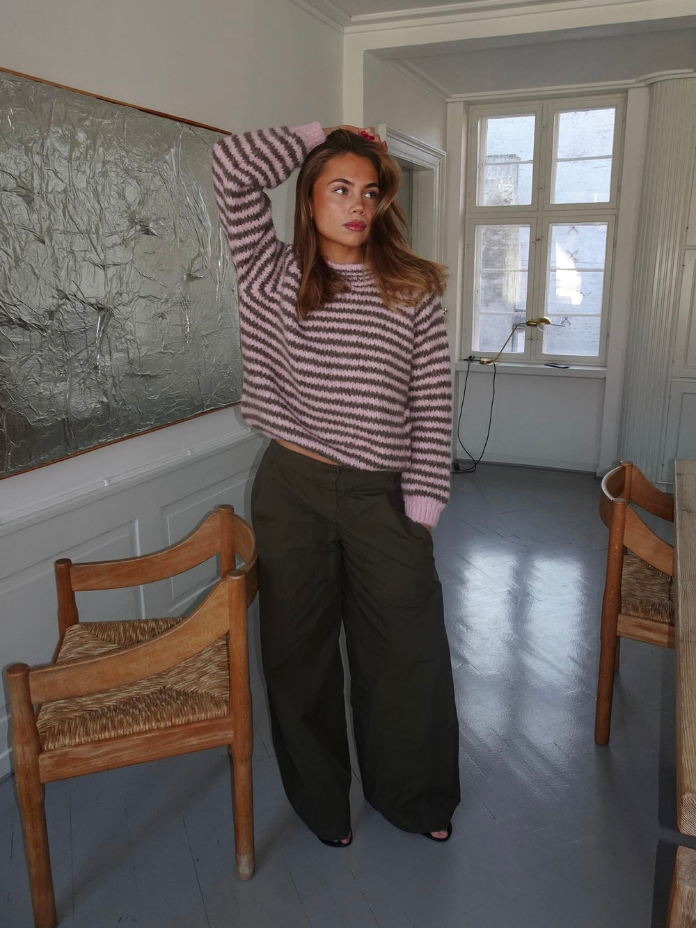 Zeya knit with stripes - Baby pink/taupe