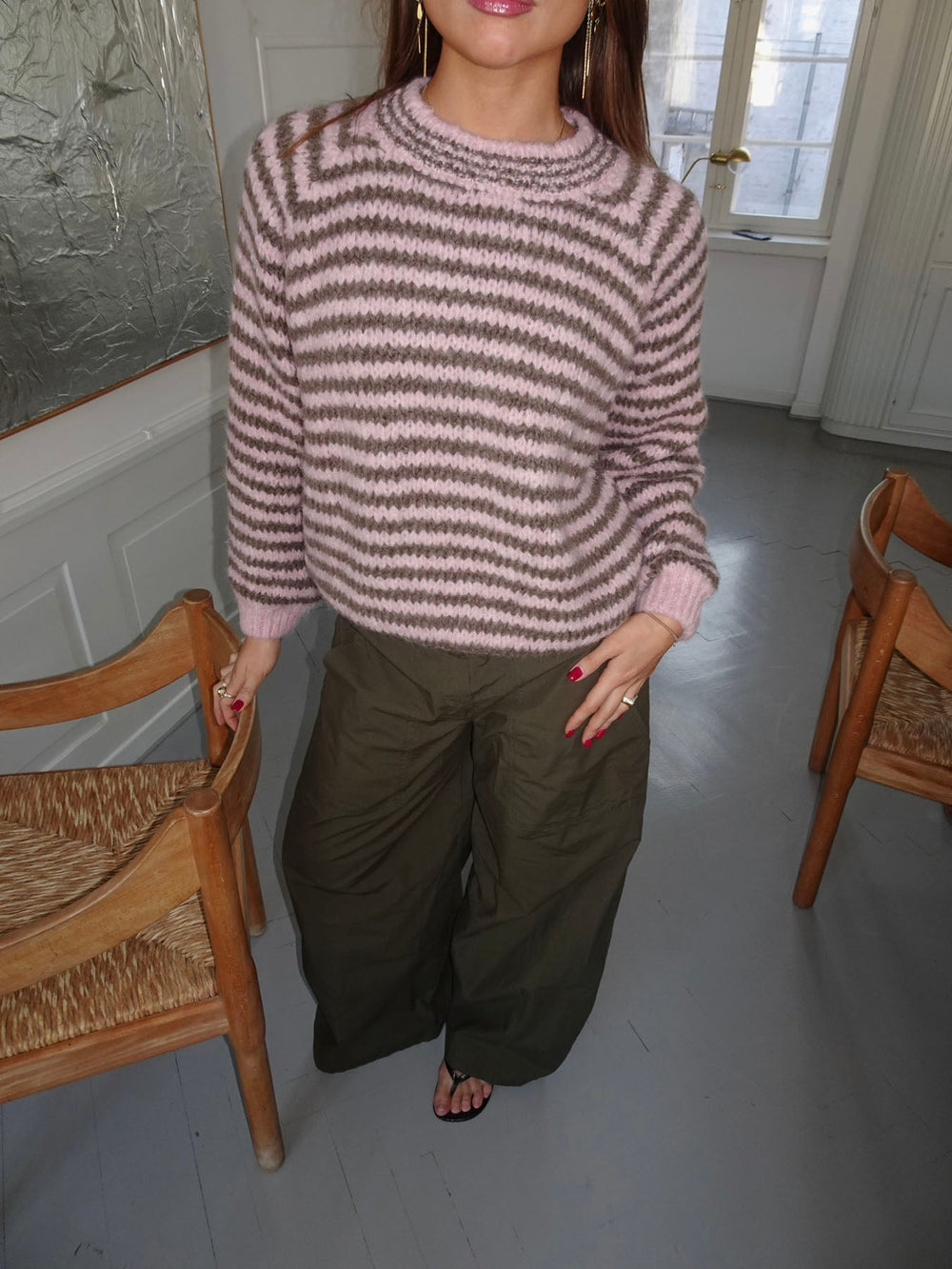 Zeya knit with stripes - Baby pink/taupe