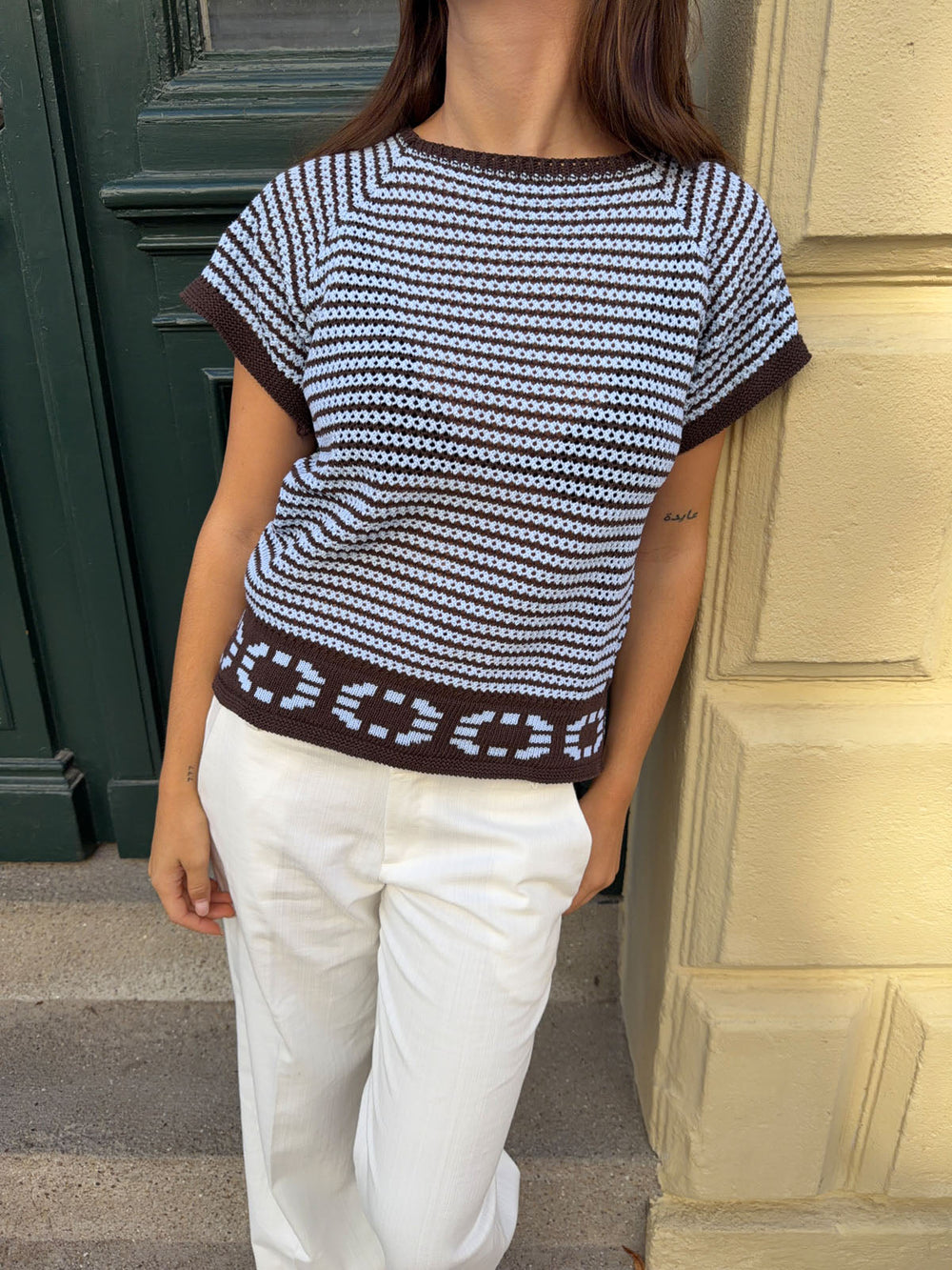 Alfi knitted striped T-shirt - White/brown