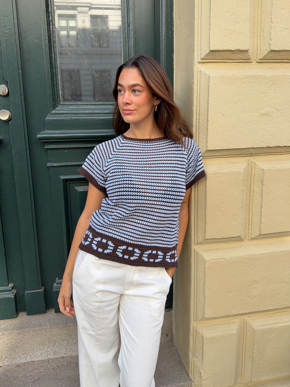 Alfi knitted striped T-shirt - White/brown