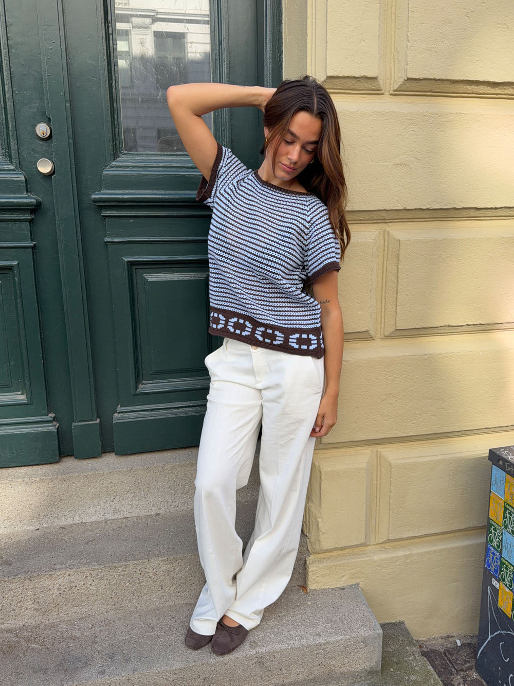 Alfi knitted striped T-shirt - White/brown