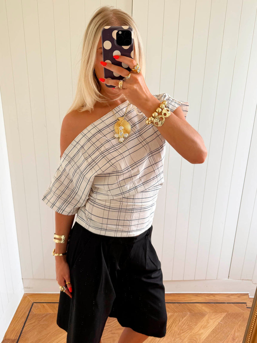 Scandivv off shoulder top with checkers - White/navy