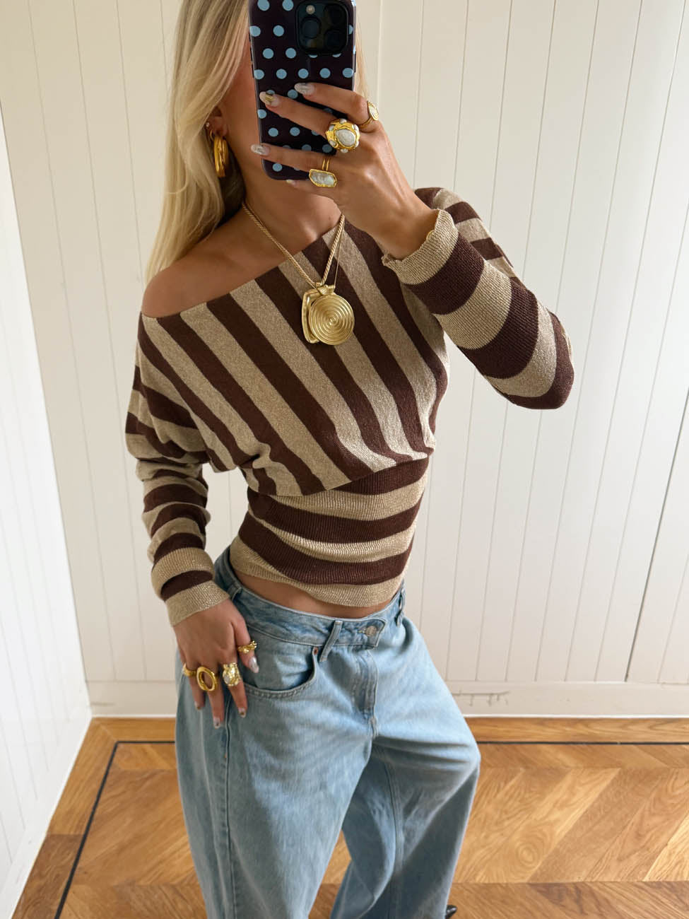 Scandivv fitted blouse with glitter – Brown/gold