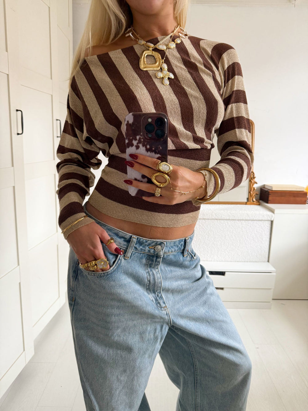 Scandivv fitted blouse with glitter – Brown/gold