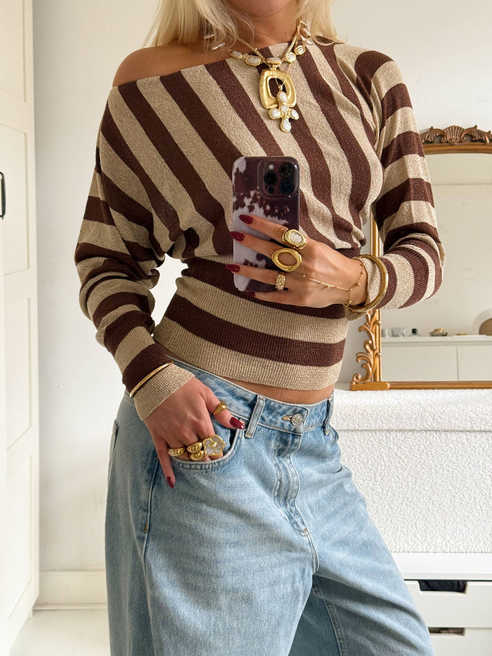 Scandivv fitted blouse with glitter – Brown/gold