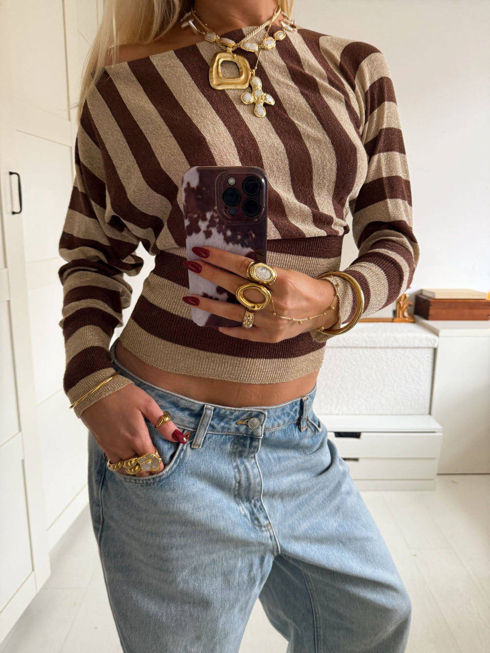 Scandivv fitted blouse with glitter – Brown/gold