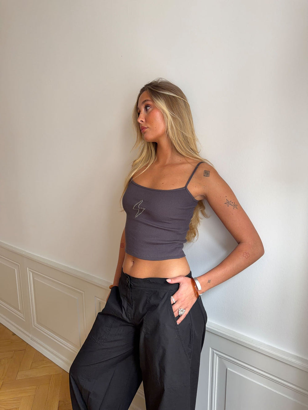 Thilde tank top with rhinestone lightning - Dark grey