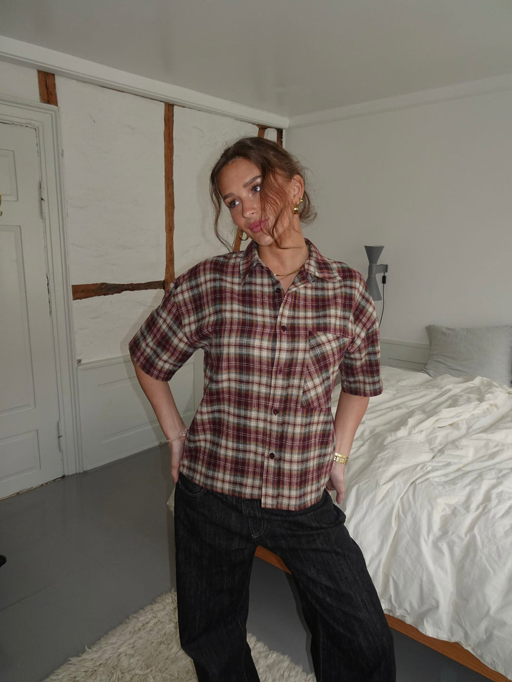 Ryder flannel shirt with short sleeves - Red/brown/white