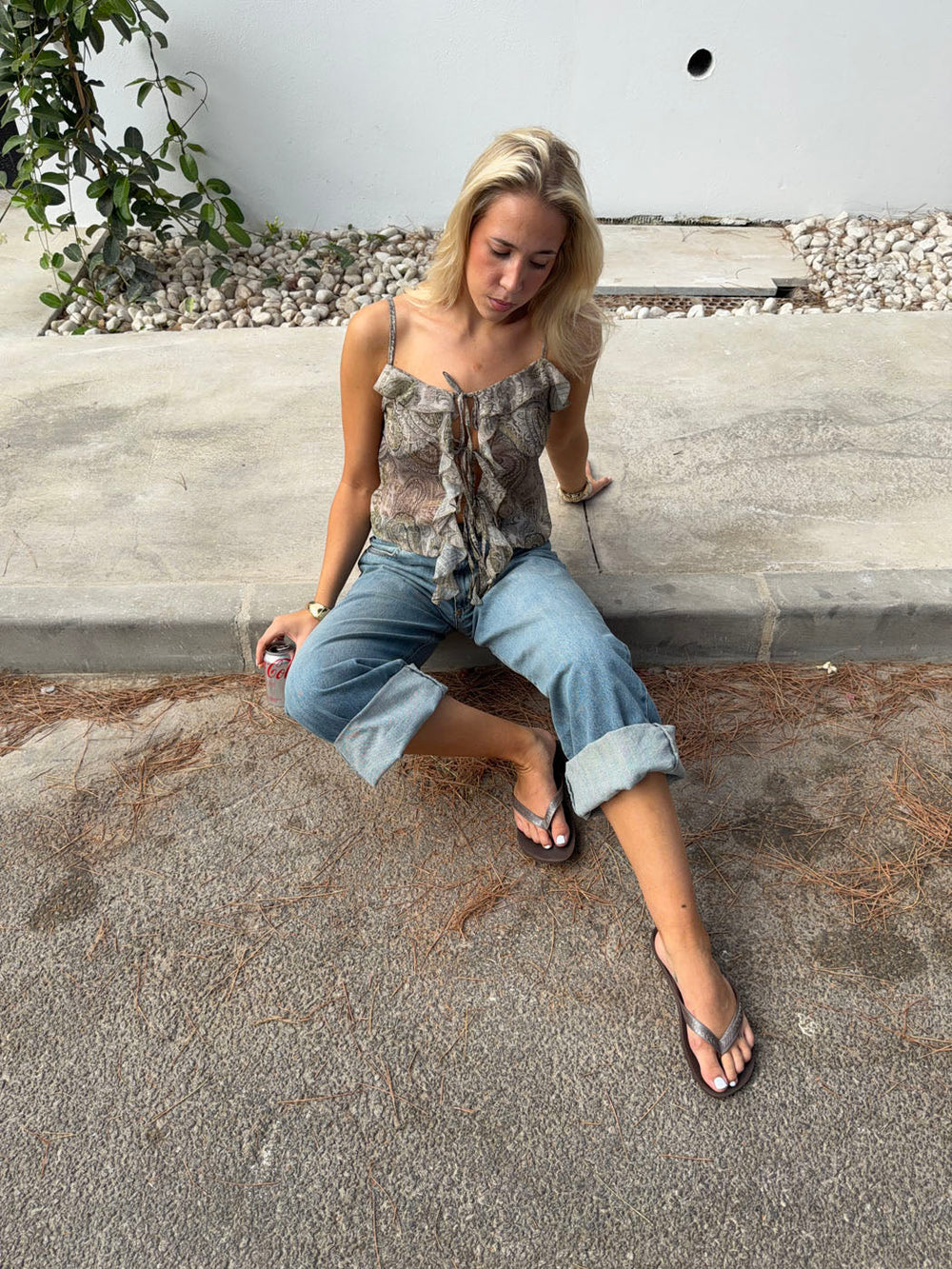 Tanlina top with ruffle detail - Green/brown