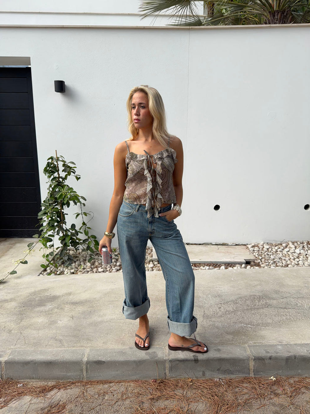 Tanlina top with ruffle detail - Green/brown