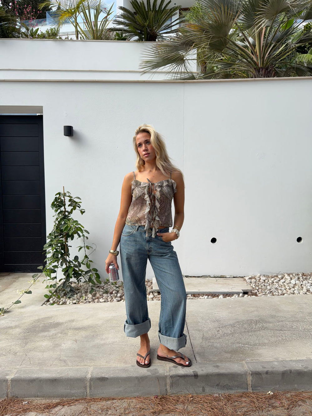 Tanlina top with ruffle detail - Green/brown