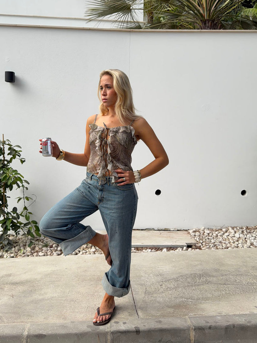 Tanlina top with ruffle detail - Green/brown